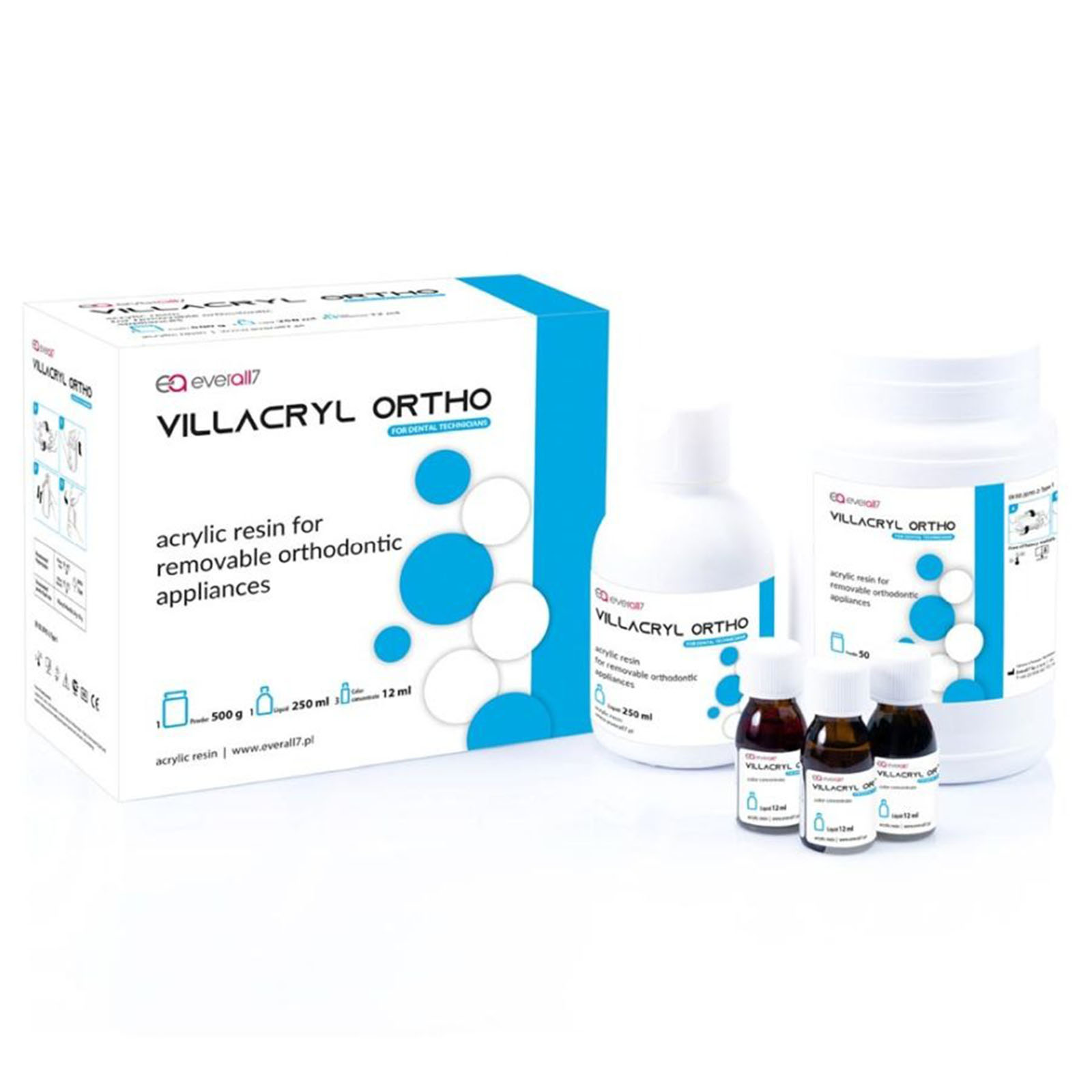 Пластмаса Villacryl Ortho для виготовлення ортодонтичних апаратів, 500 г порошок + 250 мл рідина + 3х12мл різноколірного концентрату