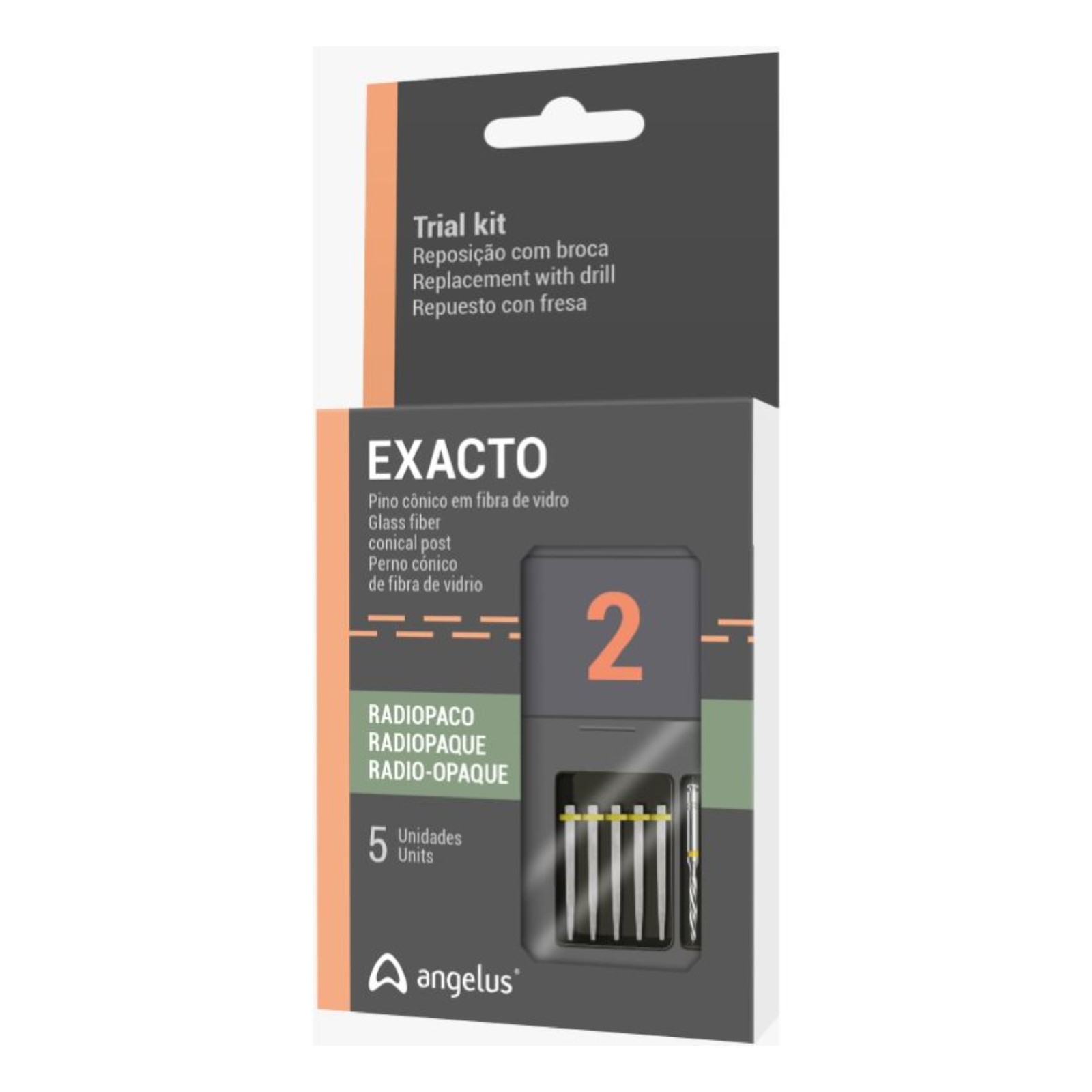Штифти скловолоконні Angelus Exacto, конічні, №2 Trial Kit (5 шт + розгортка №2)