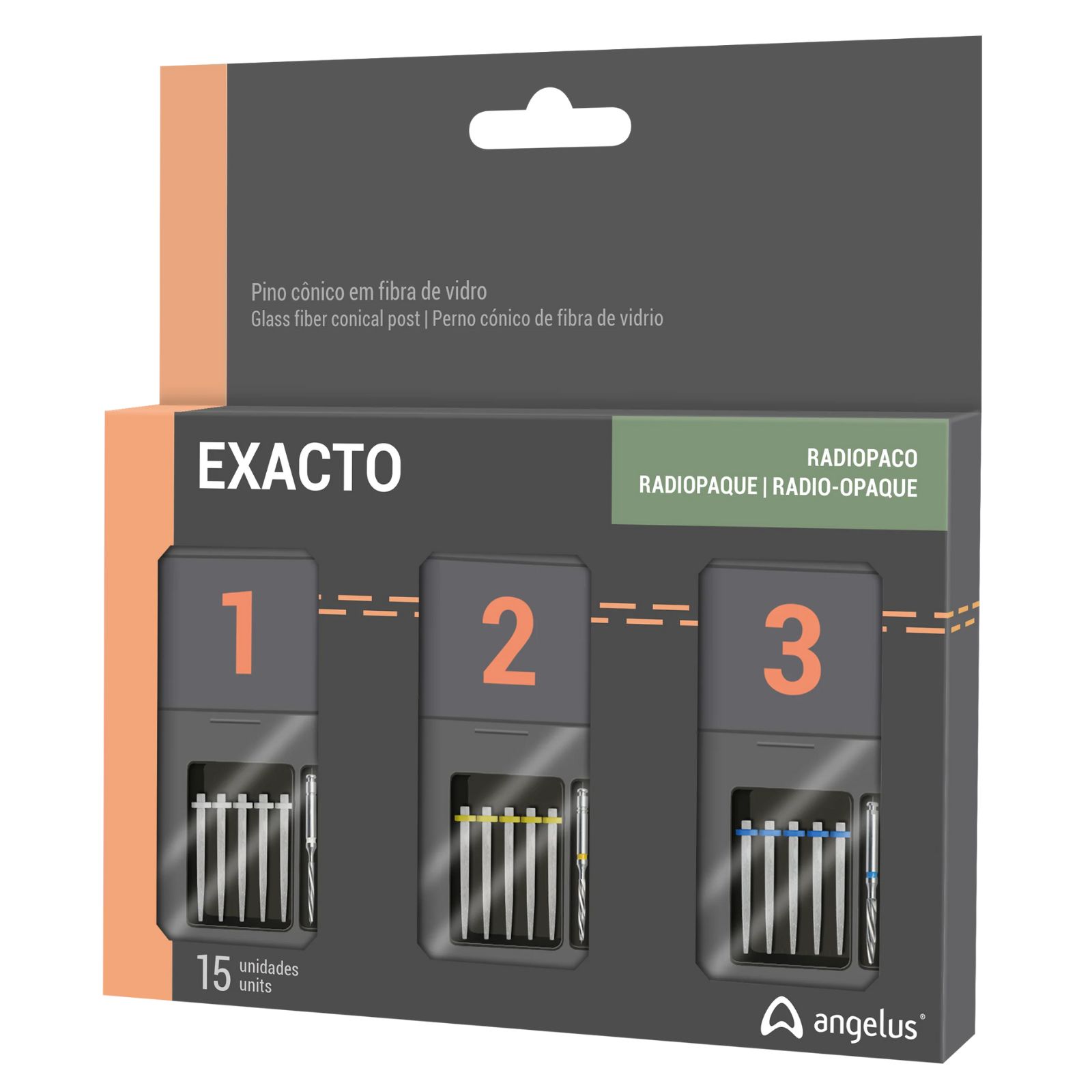 Штифти скловолоконні Angelus Exacto Translucent, конічні, набір (15 шт + 3 розгортки)