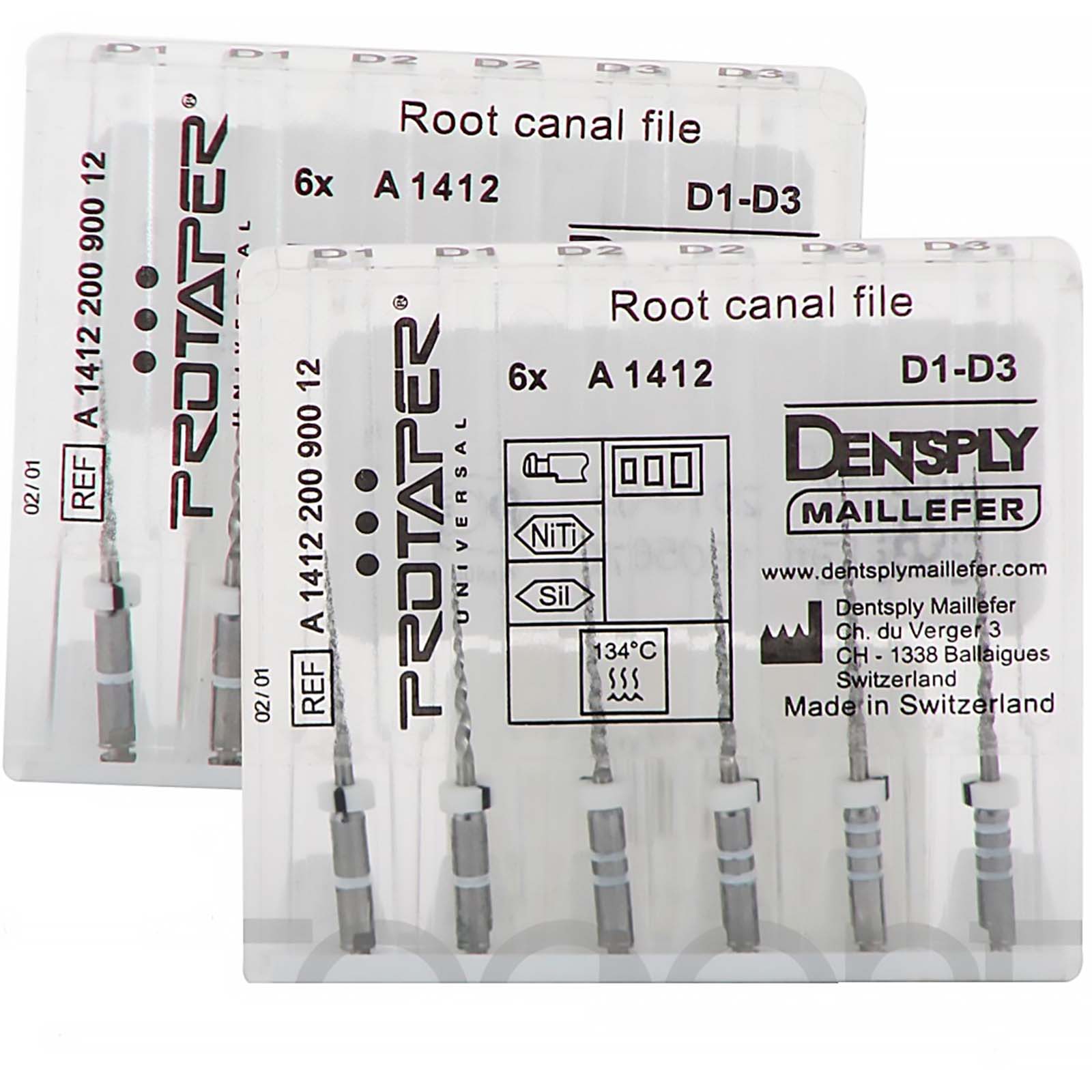 ProTaper Universal, асорті, 6 шт: D1x2, D2x2, D3x2, машинні нікельтитанові файли. Концепція ProTaper Retreatment: D1 - для розпломбування коронкової третини каналу, ISO 030, конусність 9%, одне біле кільце, активний кінчик файлу; D2 - для розпломбування середньої третини каналу, ISO 025, конусність 8%, два білих кільця, неактивний (скруглений) кінчик файлу;  D3 - для розпломбування апікальної третини каналу, ISO 020, конусність 7%, три білих кільця, неактивний (скруглений) кінчик файлу
