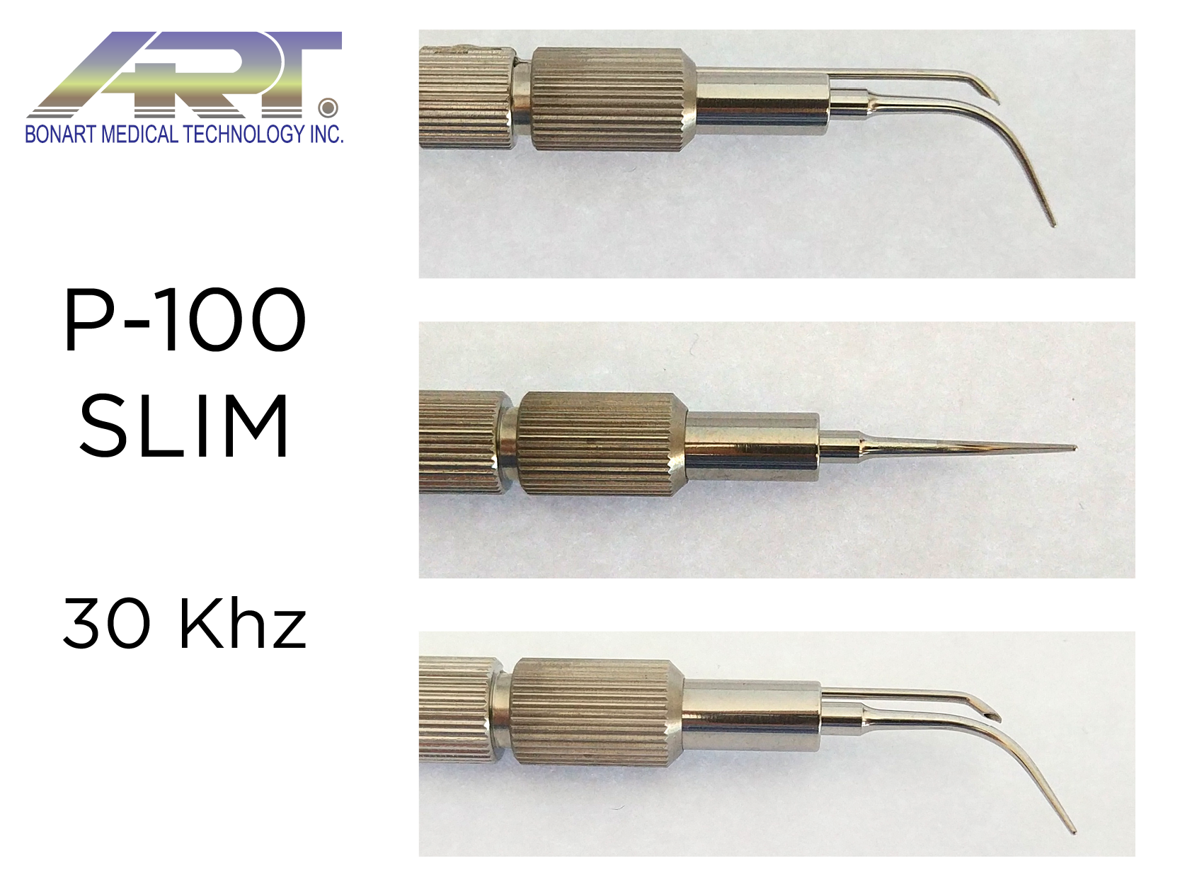 Вставка 30K, P-100 (FUR) Slim (26DJ), до магнетоскалера 30 Khz, пряма, тонка, для чутливих участків, із зовнішньою металевою трубкою подачі рідини, металева ручка. Робочий діапазон потужності скалера: від низької до середньої. Сумісна з системою CAVITRON