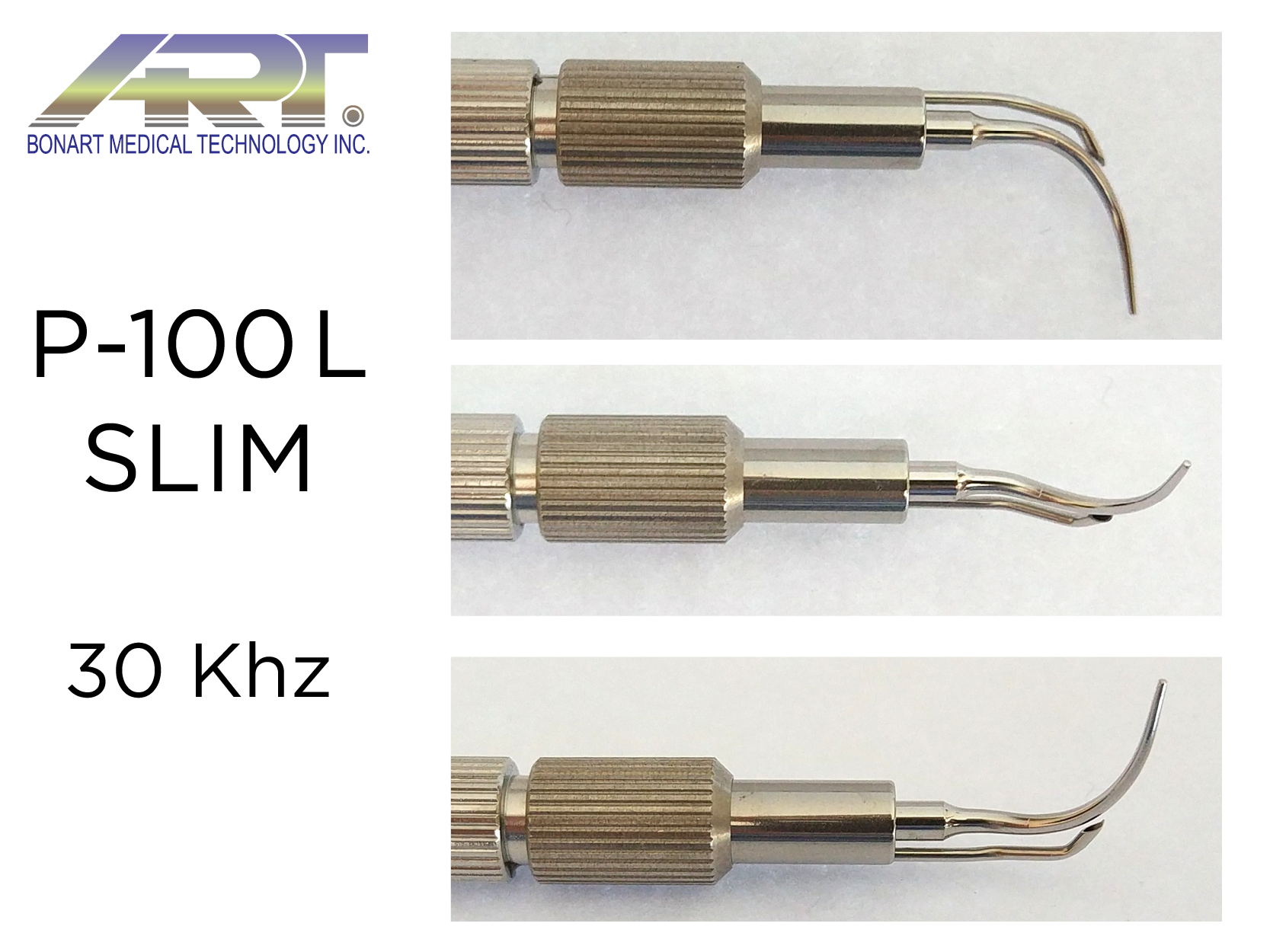 Вставка 30K, P-100L (FUR) Slim (24KJ), до магнетоскалера 30 Khz, ліва, тонка, для чутливих участків, із зовнішньою металевою трубкою подачі рідини, металева ручка. Робочий діапазон потужності скалера: від низької до середньої. Сумісна з системою CAVITRON