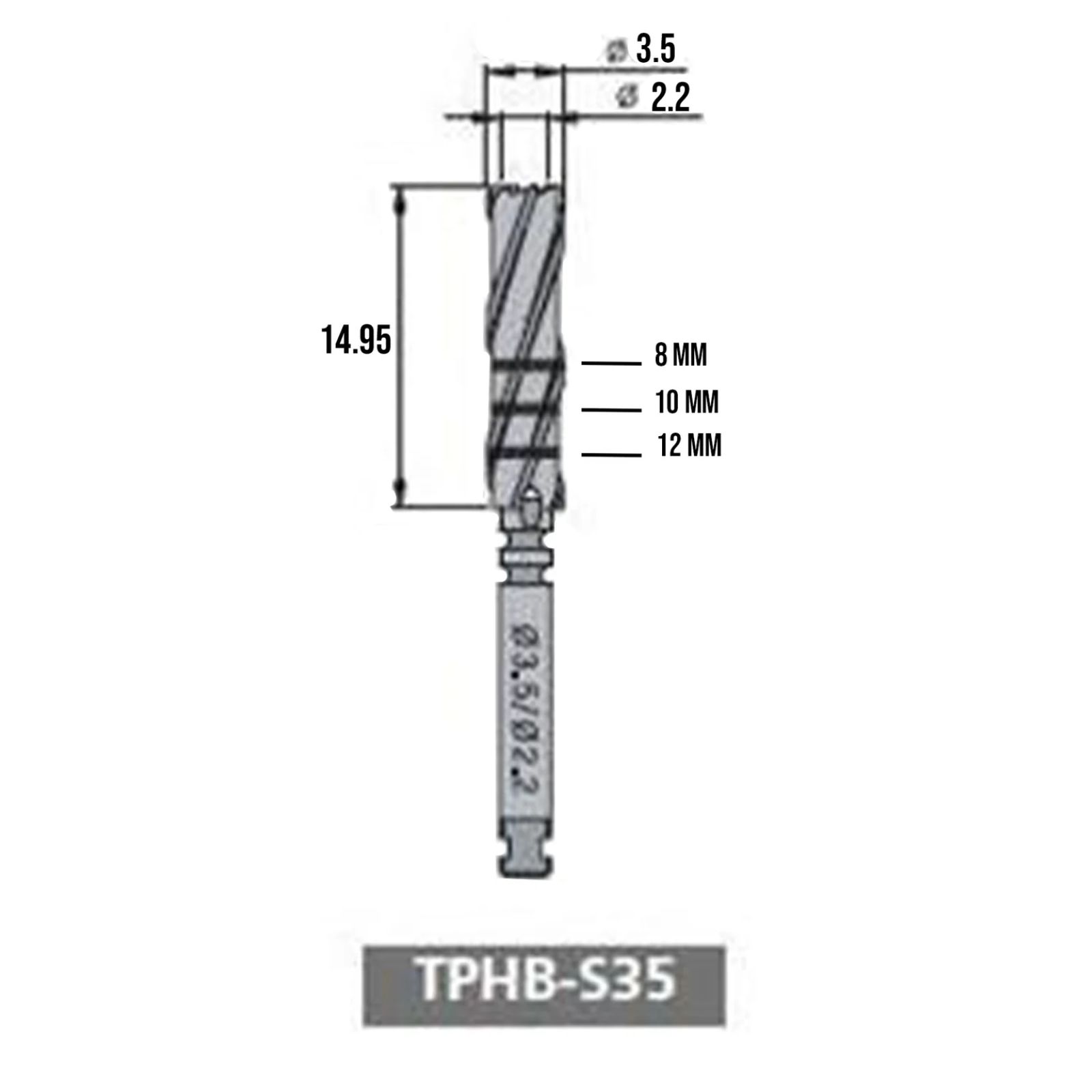 Трепан TPHB-S35, діам. вн. 2,2мм, зовн. 3,5мм, робоча довж. 14,95мм, для кутового нак.