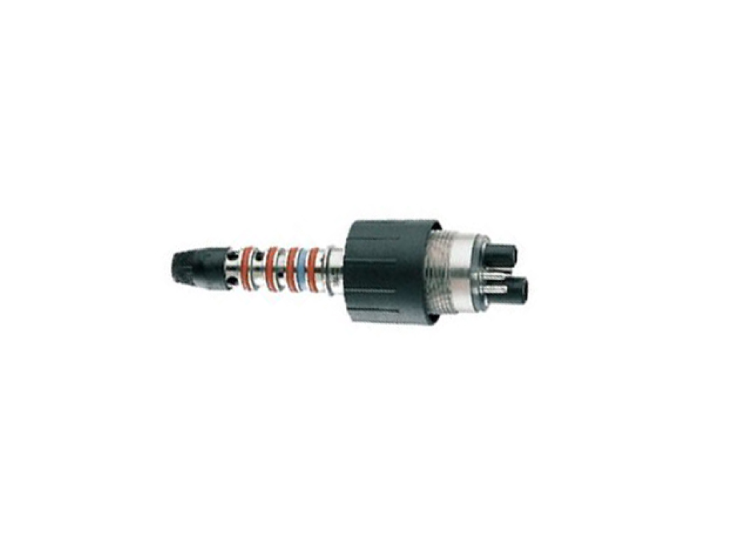 Перехідник Quickcoupling R - LED, швидкоз'ємний до турбінних наконечників (роз'єм Sirona), LED - підсвітка. 
Для турбін Т1/Т2; 4-канальний стандартний роз'єм зі світлодіодним світлом, регулюванням подачі спрею, блокування зворотнього всмоктування спрею. Для установок з відводом відпрацьованого повітря через шланг.