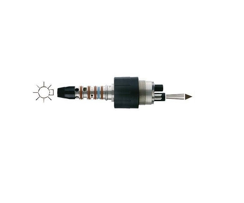 Перехідник Quickcoupling R - LED, швидкоз'ємний до турбінних наконечників (роз'єм Sirona), LED - підсвітка. 
Для турбін Т1/Т2; 4-канальний стандартний роз'єм зі світлодіодним світлом, регулюванням подачі спрею, блокування зворотнього всмоктування спрею. Для установок з відводом відпрацьованого повітря через шланг.