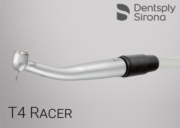 Наконечник Dentsply Sirona T4 Racer Midwest , серія Basic-Class, турбінний наконечник, тип з'єднання - чотирьоканальний (M4/Midwest), кнопкова система фіксації бору, одноточковий спрей, хромований корпус, без підсвітки, потужність 17 Вт, діаметр головки 11,4 мм, висота головки 14,5 мм, вага 43 г, швидкість без навантаження 400 000 об./хв, керамічні підшипники