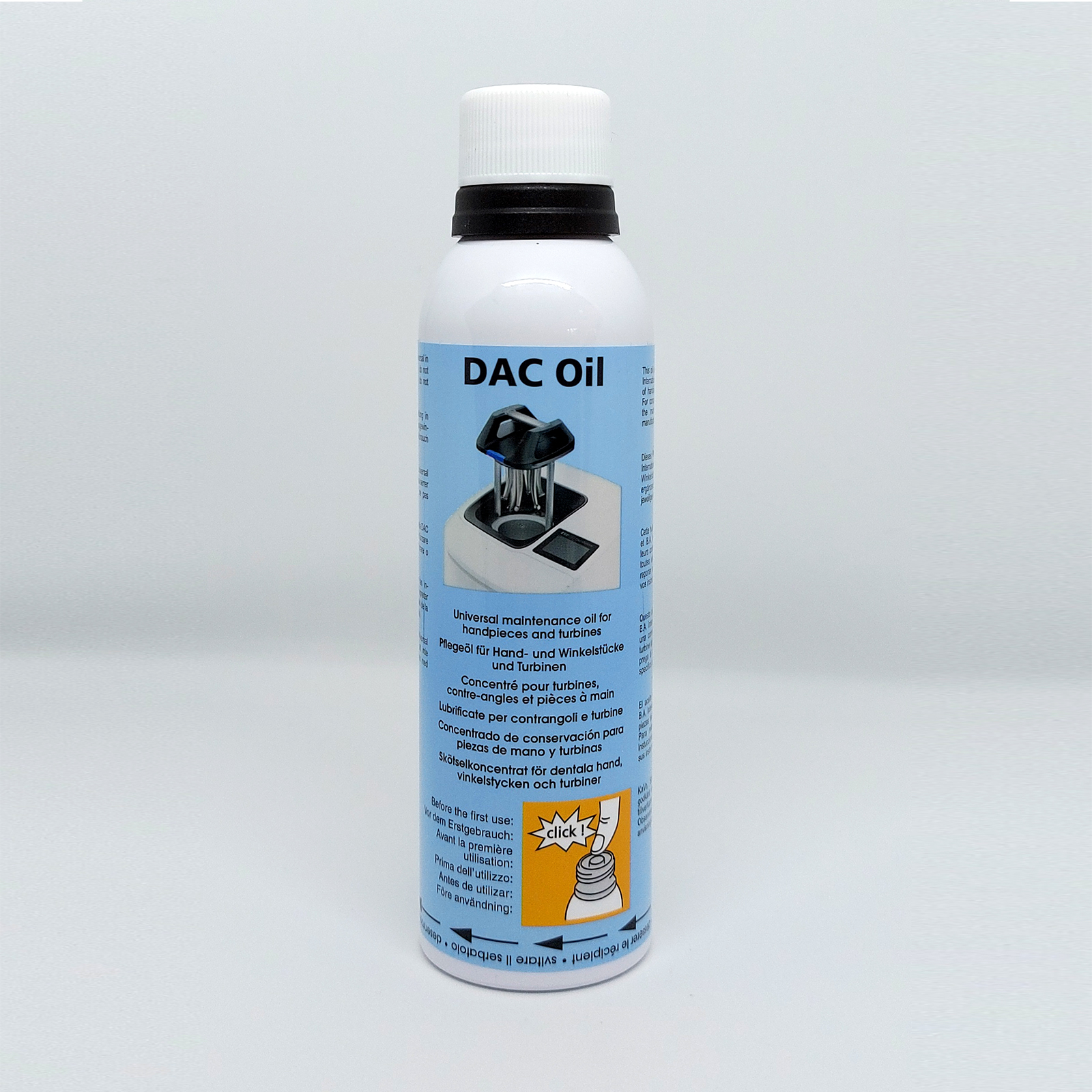 Масло-концентрат DAC Oil (попередня назва NitramOil #2), 200 мл, банка синього кольору. Масло-концентрат для DAC Universal S / DAC Universal з наступними серійні номерами: 14.000-99.999, 104.000-199.999, 202.000-999.999 і для всіх DAC Universal Touch. Достатньо для обробки приблизно 1200 прямих, кутових та турбінних наконечників. Приблизно 200 циклів.