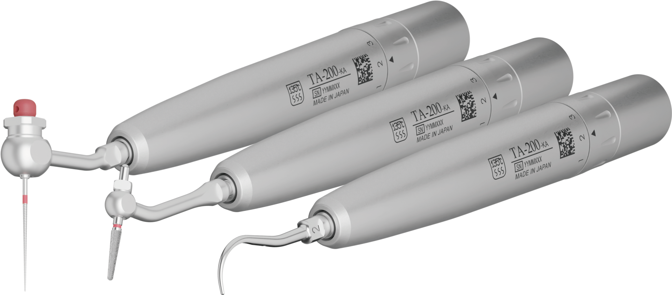 Скалер пневматичний, багатофункційний TA-200 Endodontics + Scaling+Perio+Preparation , фіксоване з'єднання М4 Midwest, робоча частота - макс. 6000 Гц, вага 54 г, довжина 96 мм. Повний набір.