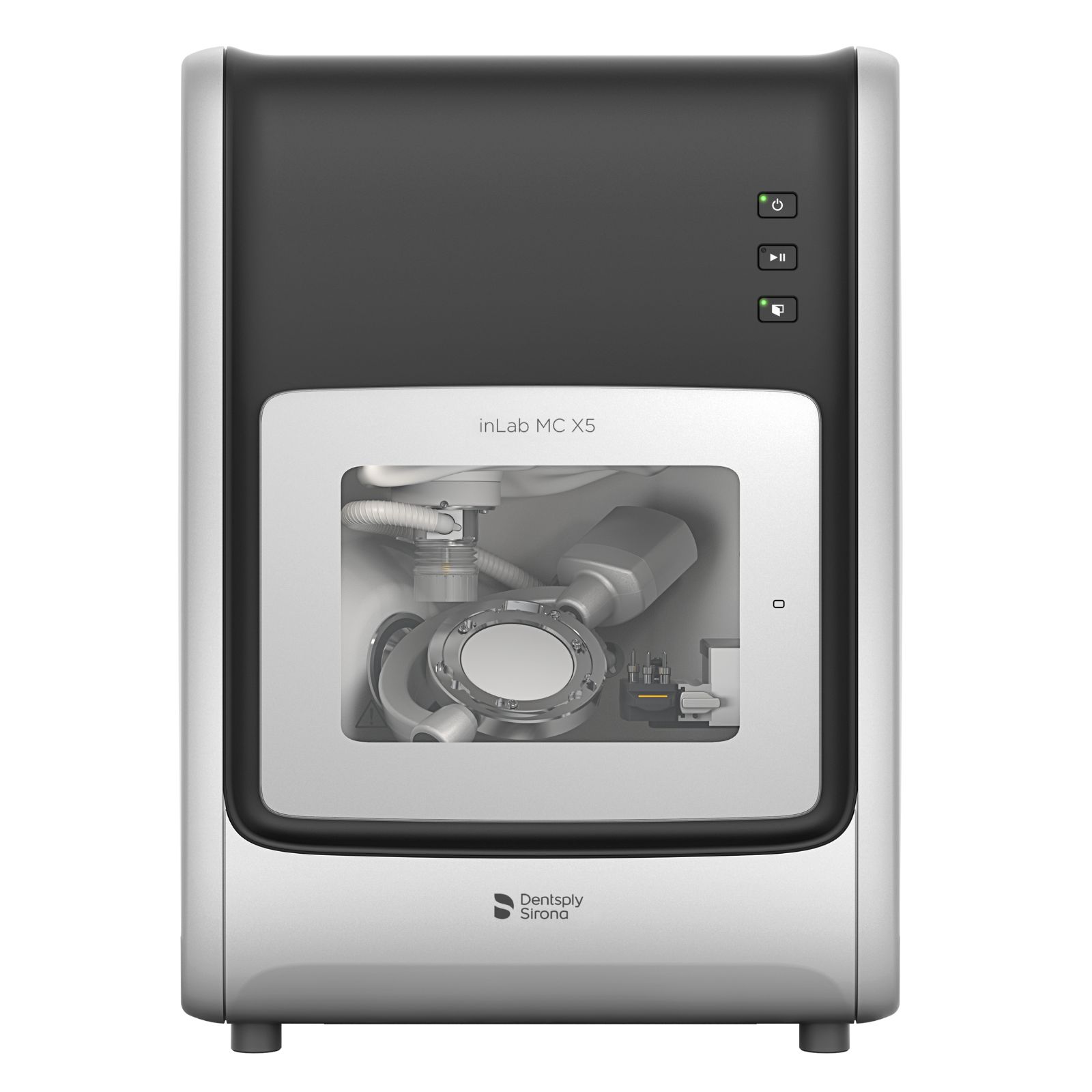 Фрезер inLab MC X5. 5-осьовий фрезер, шліфування та фрезерування, механічна обробка дисків і блоків, мокра або суха обробка / комбінована мокра і суха, автоматична зміна фрез, магазин на 6 фрез, різноманітний асортимент матеріалів, відкритий для роботи з файлами у форматі STL сторонніх виробників, нове програмне забезпечення CAM