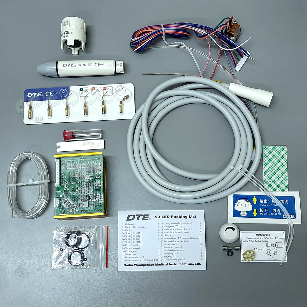Скалер DTE V3 LED ультразвуковий, для вбудування, наконечник з LED-підсвіткою, різьба SATELEC; в комплекті: 5 насадок, 1 насадка ендочак 120 град, динамометричний ключ; режими роботи: скейлінг, ендо; довжина шлангу 2 м