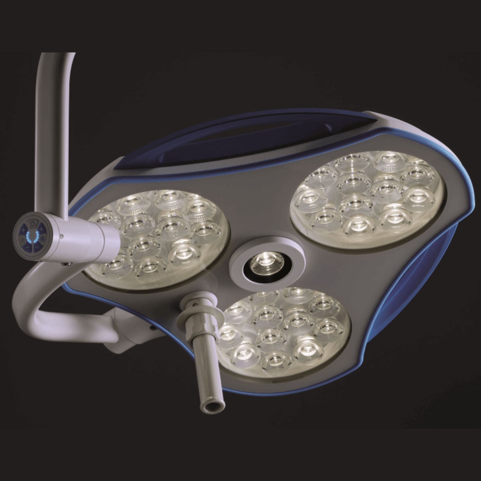 Світильник операційний Mach LED 300DF, 130 000 LUX, стельовий (при висоті стелі  2.81м - 3.0м), регульоване поле освітлення 14 см- 28 см, регульований фокус, температура світла 4,500К, діаметр 63 см, робоча відстань 70 см - 140 см, без блоку живлення.
