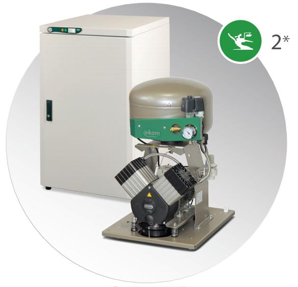 Компресор EKOM DK50 2V S/M, ресивер 25 л, з мембранним осушувачем повітря, продуктивність 108 л/хв при тиску 5 бар, на 2 установки, робочий тиск 5-7 бар, живлення 230В/50Гц, в шумопоглинаючій шафі