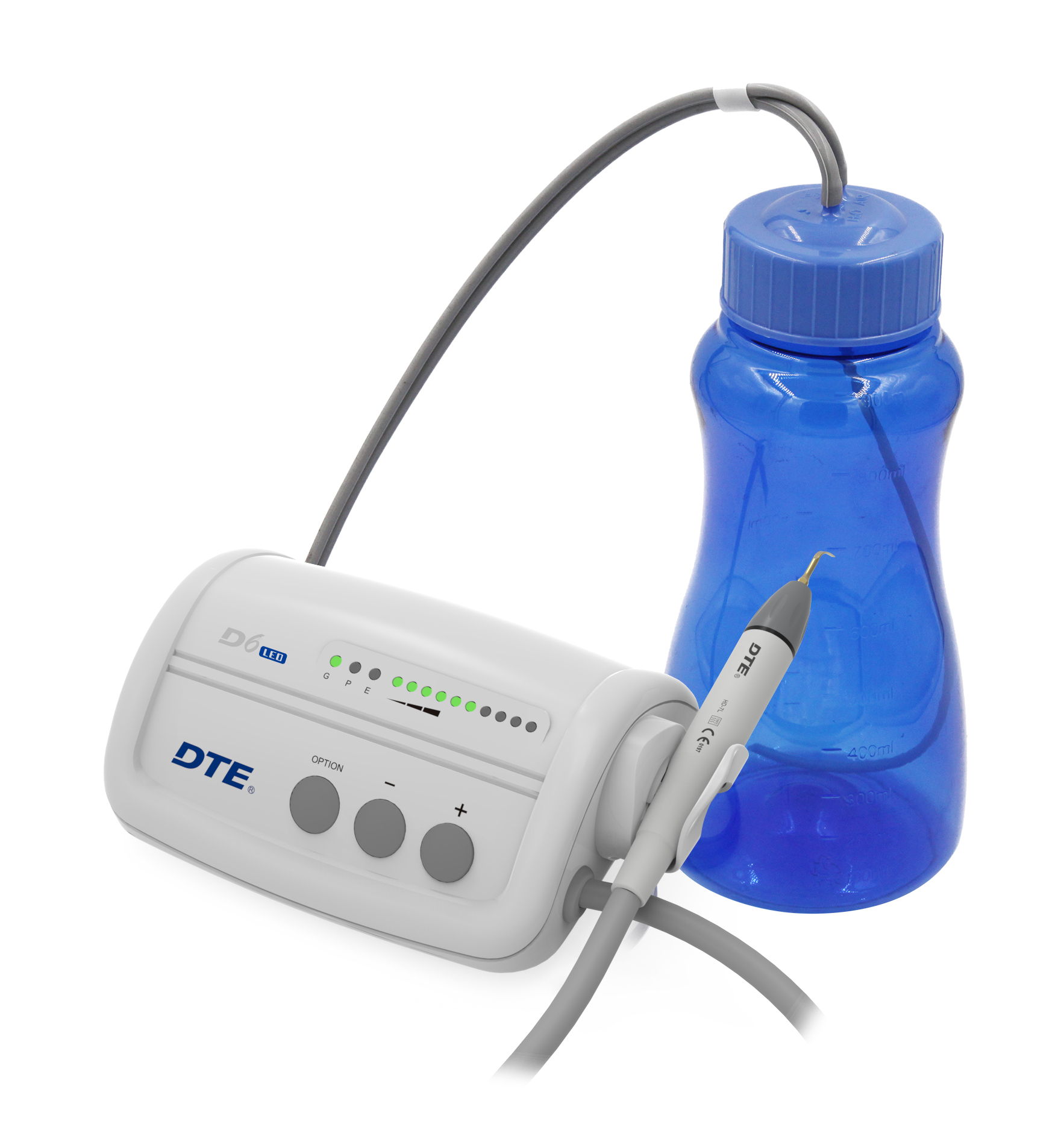 Скалер DTE D6 LED ультразвуковий, з автономною подачею води, наконечник з LED-підсвіткою, роз'єм SATELEC; в комплекті: 5 насадок, 1 ендочак 120 град, динамометричний ключ; режими роботи: скейлінг, періо, ендо