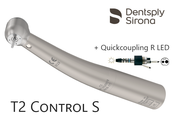 Наконечник Dentsply Sirona T2 CONTROL S + перехідник швидкоз'ємний Quickcoupling R - LED. Турбінний ортопедичний наконечник, клас COMFORT, з світловодом, потужність 22 Вт, роз'єм - Quickcoupling Sirona R LED, кнопкова система фіксації бору, 4-ох точковий спрей, керамічні підшипники, титанове покриття корпусу, для інструментів FG D-1,6мм - турбінні бори, діаметр головки 12,4 мм, висота головки 13,8 мм, вага наконечника 57 г, система захисту головки (PHS) з подвійним клапаном зворотнього всмоктування, система швидкої зупинки бору (QSF), можливість автоклавування при температурі до 134°С. АКЦІЯ:  швидкоз'ємний перехідник Quickcoupling R LED Sirona в комплекті!