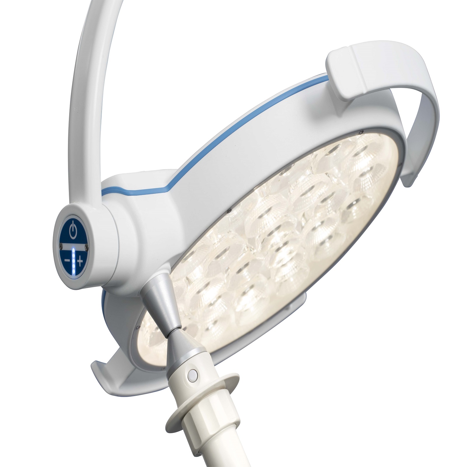Світильник операційний Mach LED 150FP, інтенсивність освітлення - 130 000 Lux, фіксована колірна температура - 4 500 К, діаметр світлового поля (17-24 см) мобільний, SWING - arm, 4-рьох колісний. Діаметр світильника- 40 см.