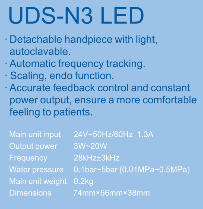Скалер Woodpecker UDS-N3 LED ультразвуковий, для вбудування, наконечник з LED-підсвіткою, різьба EMS; в комплекті : 5 насадок , 1 насадка ендочак 120 град, динамометричний ключ; режими роботи: скейлінг, ендо; довжина шлангу 2 м
