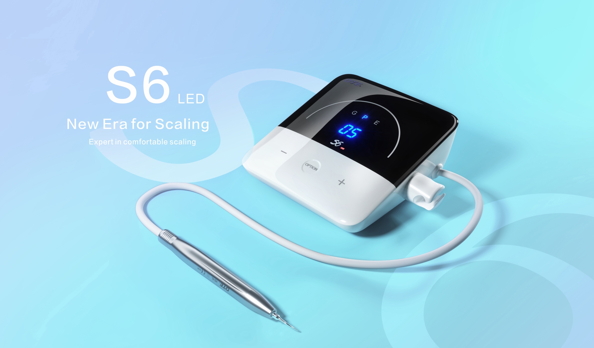 Скалер DTE S6 LED ультразвуковий, наконечник з LED-підсвіткою, роз'єм SATELEC; в комплекті: 7 насадок, динамометричний ключ; режими роботи: скейлінг, періо, ендо