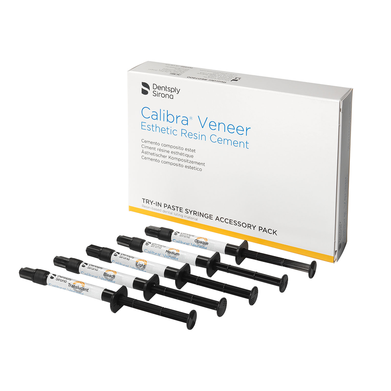 Calibra Veneer, примірочна паста, набір шприців. 5 шприців по 1,8 г, 1  шприц кожного відтінку (Light, Medium, Translucent, Opaque, Bleach), Try-in Accessory Pack