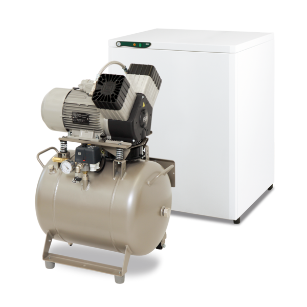 Компресор EKOM DK50 2V/50/S, ресивер 50 л, без осушувача повітря, продуктивність 135 л/хв при тиску 6 бар, на 2 установки, робочий тиск 6-8 бар, живлення 230В/50Гц, в шумопоглинаючій шафі