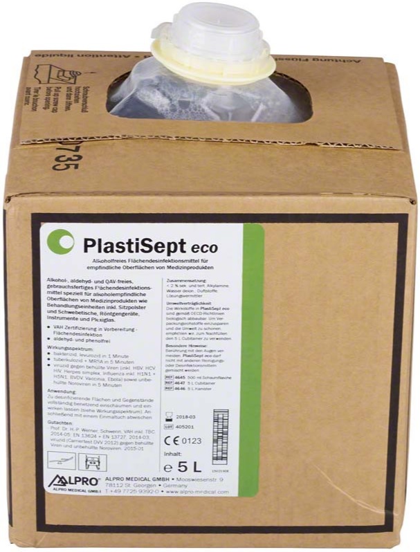 PlastiSept Eco, 500 мл
Готовий до застосування безспиртовий розчин для очищення та дезінфекції чутливих поверхонь медичних виробів, таких як медичні і/та стоматологічні установки (у т.ч. оббивка ), рентгенівські апарати, особливо з акриловим склом або металевими поверхнями