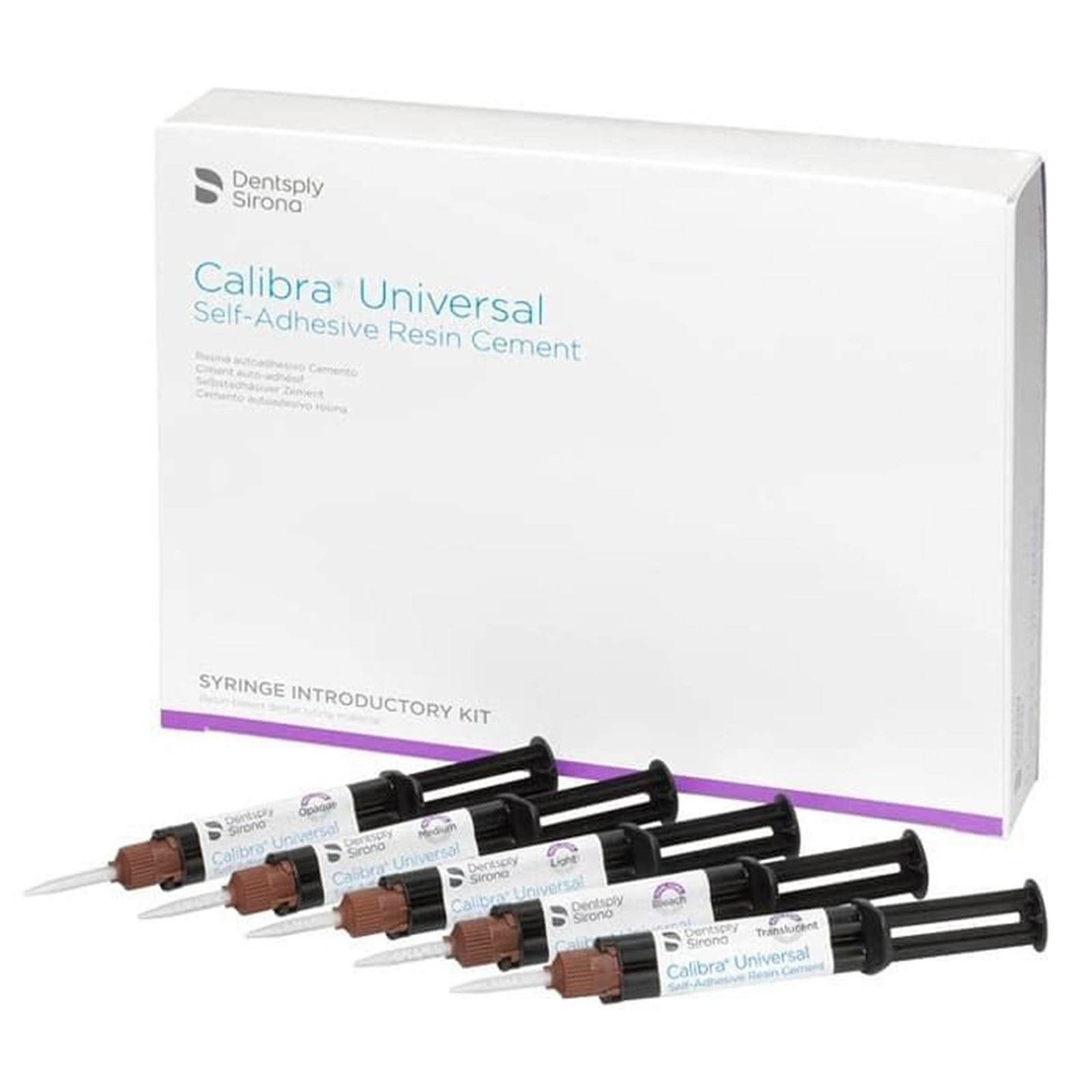 Calibra Universal, самоадгезивний композитний цемент, набір шприців, Intro Kit (Syringe Introductory Kit): 22.5 г / 5 шприців по 4.5 г кожний; 1 шт. кожного відтінку: Light, Medium, Translucent, Opaque, Bleach; 50 самозмішувальних наконечників
