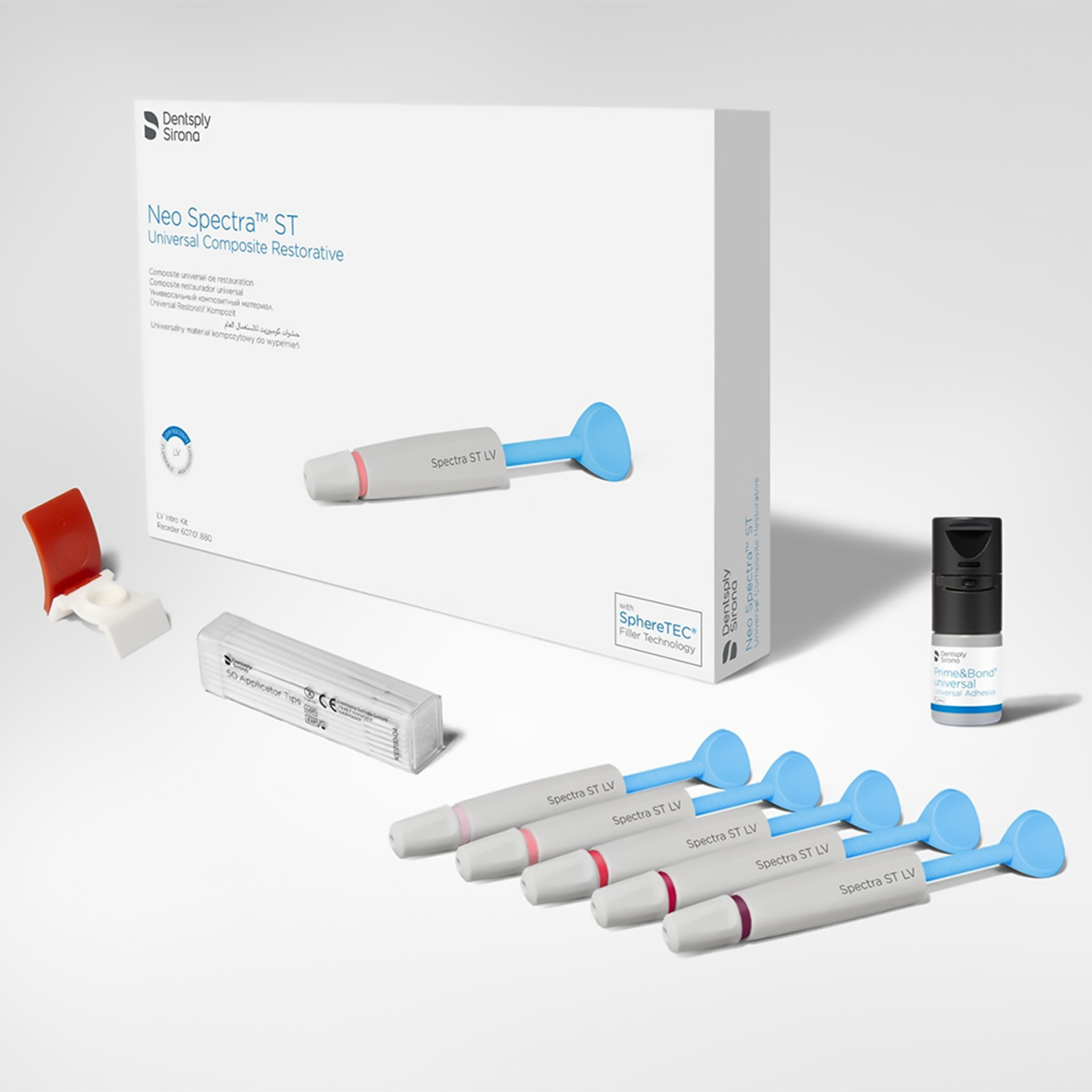 Neo Spectra ST LV (низька в'язкість), набір шприців INTRO KIT, 5 шприців синього кольору по 3 г: А1, А2, А3, А3.5, А4; 1 флакон адгезиву Prime&Bond Universal 2,5 мл; наклейка шкали відтінків, аксесуари. Нео Спектра СТ ЛВ, нанокерамічний рентгеноконтрастний універсальний композит світлового затвердіння (Dentsply Sirona)