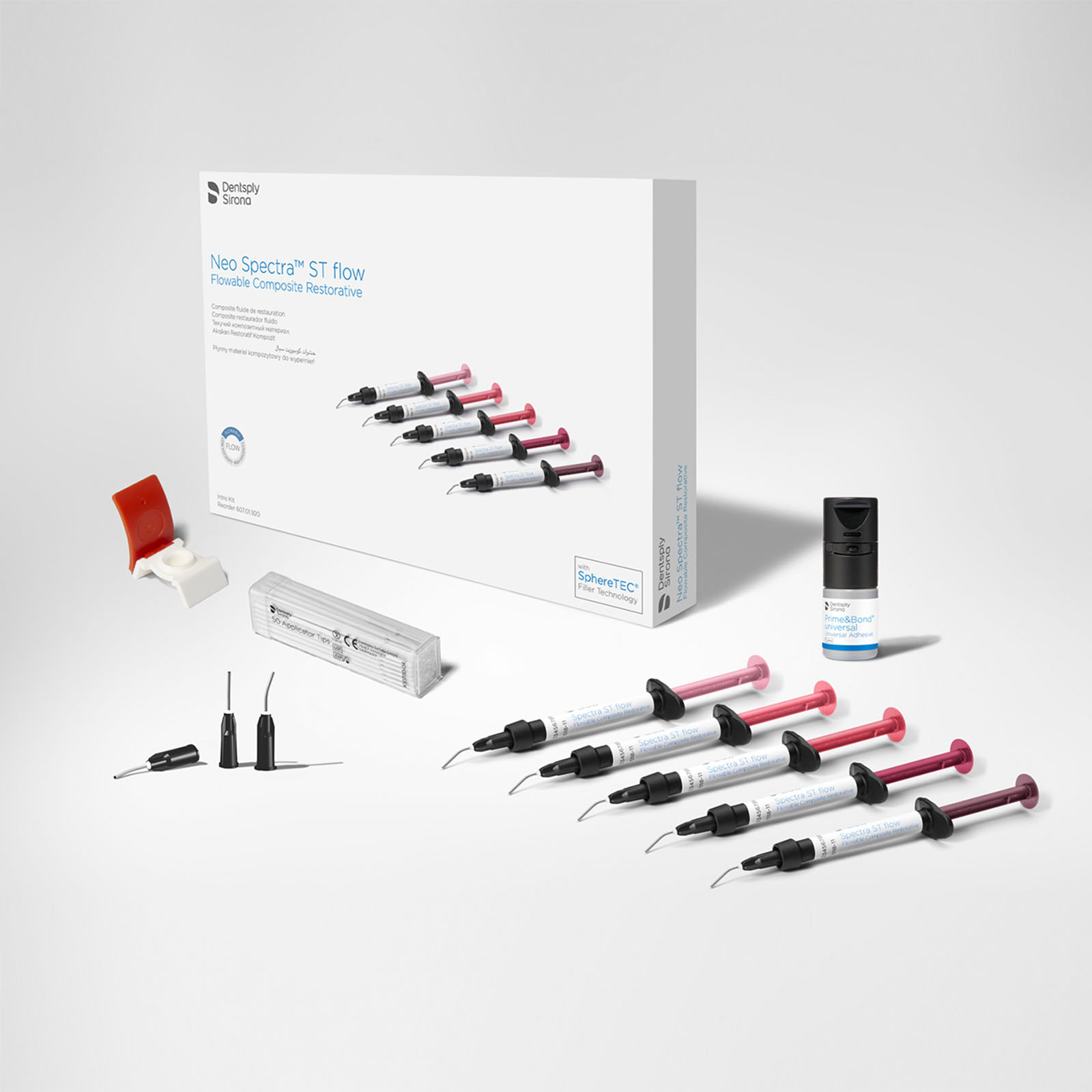 Neo Spectra ST flow, набір шприців INTRO KIT: 5 шприців по 1,8 г : А1, А2, А3, А3.5, А4; 1 флакон адгезиву Prime&Bond Universal 2,5 мл,  50 насадок на шприци, наклейка шкали відтінків, аксесуари. Нео Спектра СТ флоу, рентгеноконтрастний текучий композит світлового затвердіння (Dentsply Sirona)