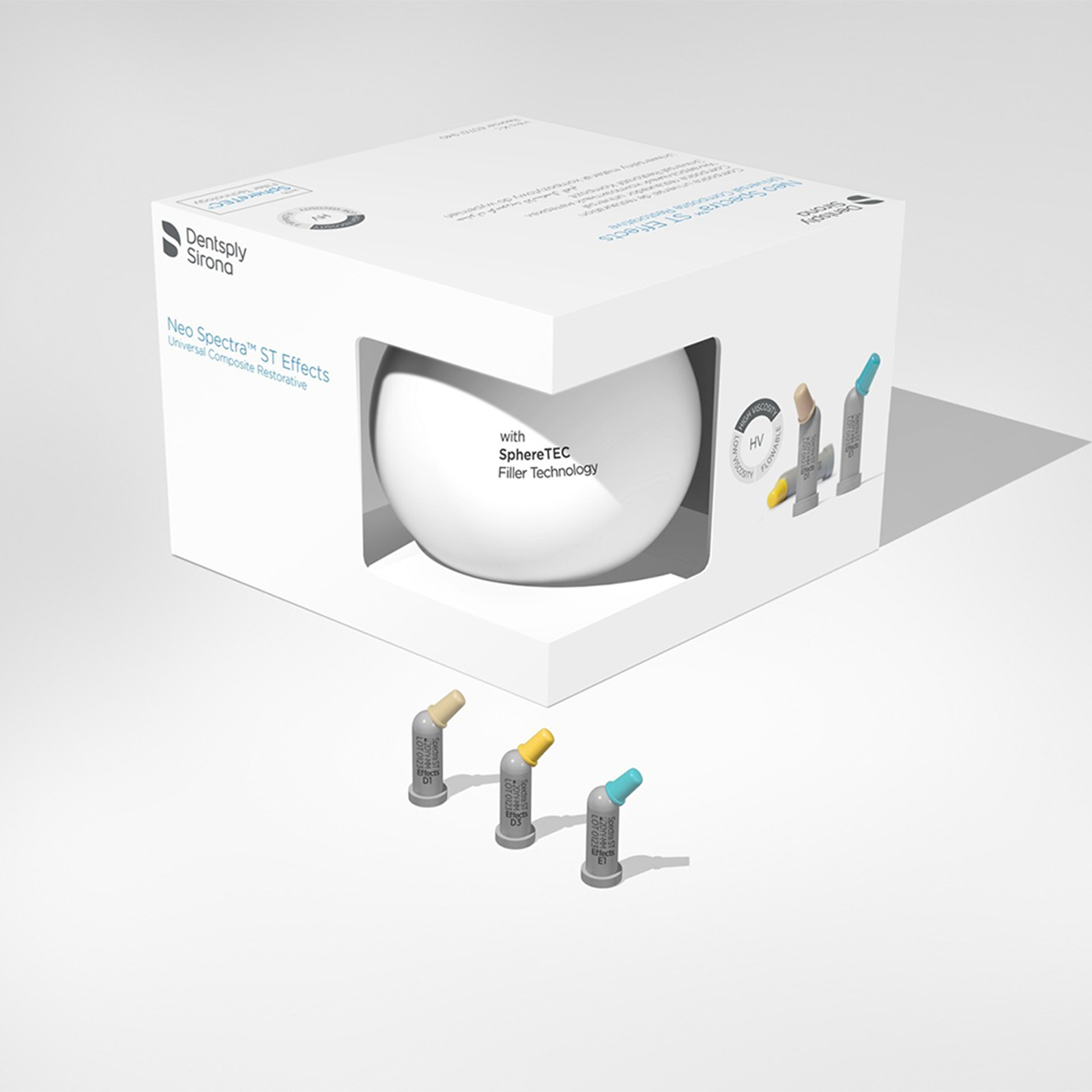 Neo Spectra ST Effects, набір капсул TIPS INTRO KIT: 24 капсули сірого кольору, асорті по 0,25 г: 12хD1; 8xD3; 4xE1; ілюстрована інструкція, наклейка шкали відтінків. Нео Спектра СТ ефектс, нанокерамічний рентгеноконтрастний універсальний композит світлового затвердіння, що призначений для прямих і непрямих реставрацій у фронтальній і бічній  ділянці для клінічних ситуацій з підвищеними вимогами до естетики (Dentsply Sirona)
