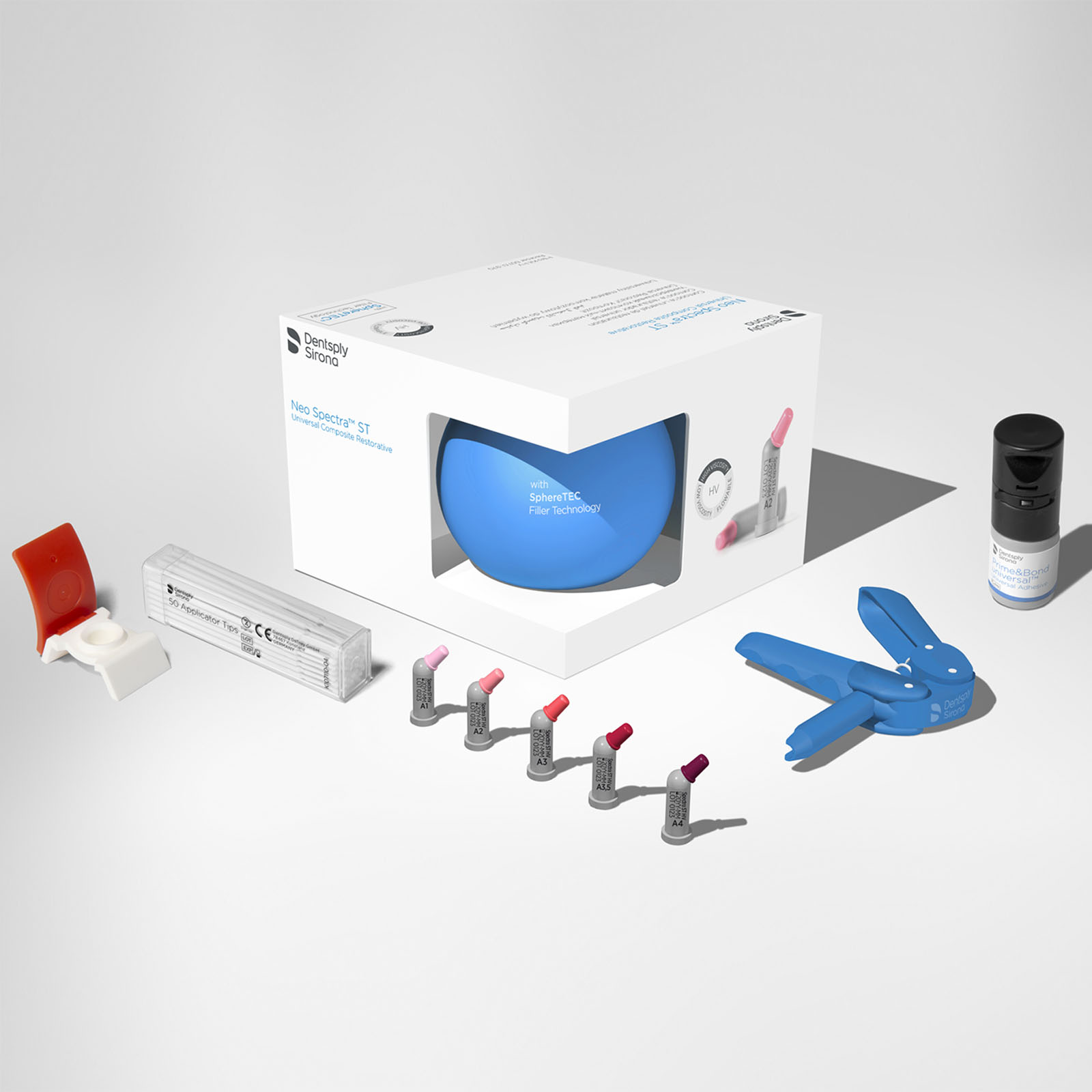 Neo Spectra ST HV (висока в'язкість), набір капсул INTRO KIT, 24 капсул сірого кольору по 0,25 г: 4хА1, 4хА2, 8хА3, 4хА3.5, 4хА4; 1 пістолет для капсул; 1 флакон адгезиву Prime&Bond Universal 2,5 мл; наклейка шкали відтінків, аксесуари. Нео Спектра СТ ХВ, нанокерамічний рентгеноконтрастний універсальний композит світлового затвердіння (Dentsply Sirona)