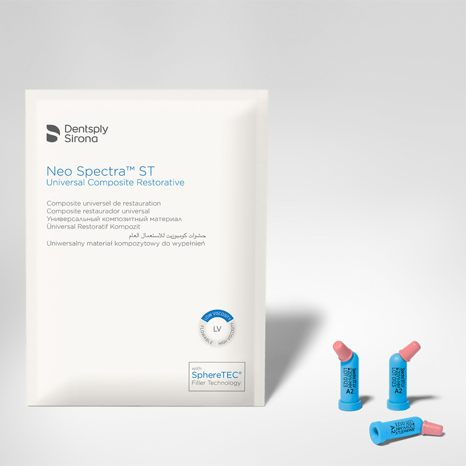 Neo Spectra ST LV (низька в'язкість), капсула, відтінок А2, 1 капсула синього кольору - 0,25 г. Нанокерамічний рентгеноконтрастний універсальний композит світлового затвердіння (Dentsply Sirona)