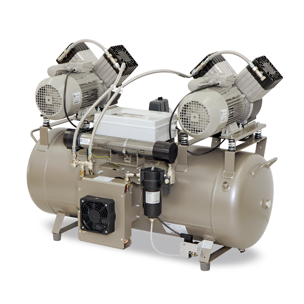 Компресор EKOM DK50 2x2V/110/M, ресивер 110 л, з мембранним осушувачем повітря, продуктивність 165 л/хв при тиску 8 бар, для CAD/CAM систем, робочий тиск 6-8 бар, живлення - трьохфазне підключення 400В/50Гц, без шафи