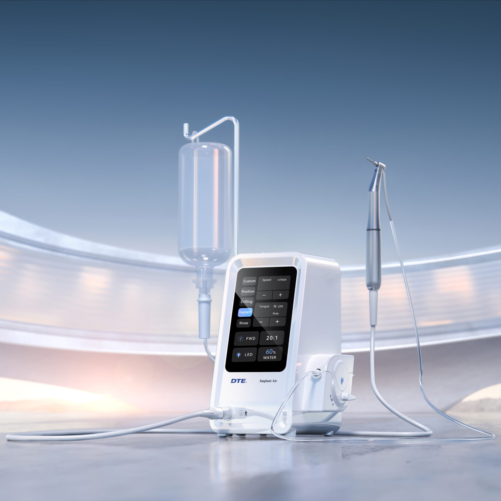 Фізіодиспенсер IMPLANT AIR, в комплекті -  мікромотор з підсвіткою, можна автоклавувати + наконечник 20:1 (німецькі підшипники). Виробник Woodpecker, ТМ DTE