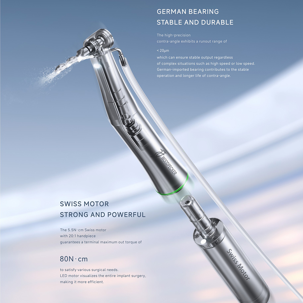 Фізіодиспенсер IMPLANT AIR, в комплекті -  мікромотор з підсвіткою, можна автоклавувати + наконечник 20:1 (німецькі підшипники). Виробник Woodpecker, ТМ DTE