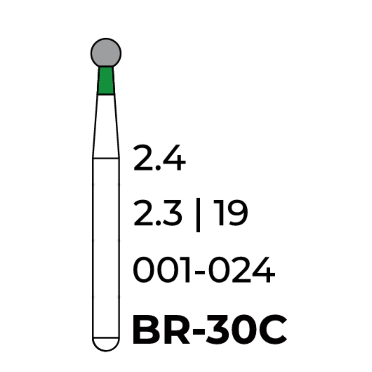 Бор алмазний Unico, куля зелена, BR-30C, d=2.4 мм, 1 шт, турб. н.