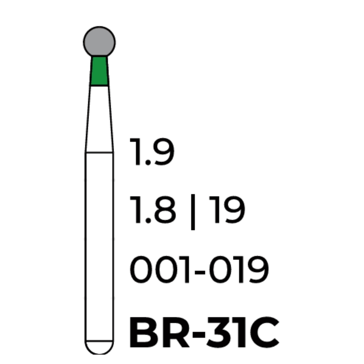 Бор алмазний Unico, куля зелена, BR-31C, d=1.9 мм, 1 шт, турб. н.
