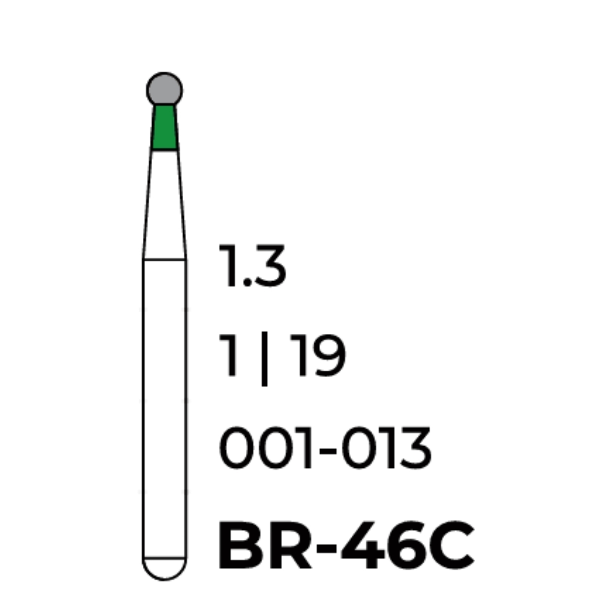 Бор алмазний Unico, куля зелена, BR-46C, d=1.3мм, 1 шт, турб. н.