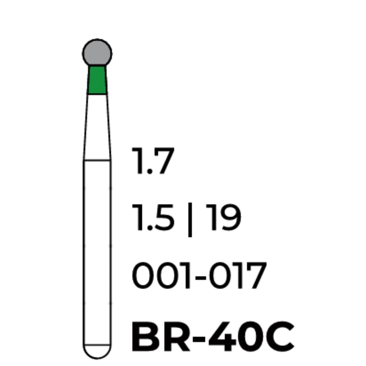 Бор алмазний Unico, куля зелена, BR-40C, d=1.7мм, 1 шт, турб. н.
