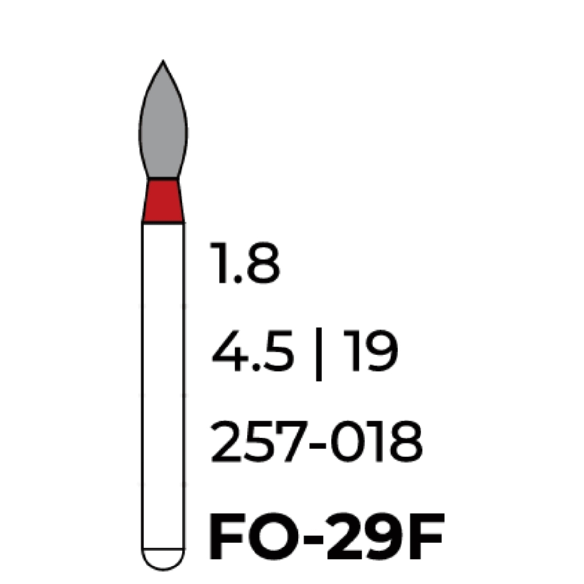 Бор алмазний Unico, полум'я червоне, FO-29F, d=1.8 мм, 1 шт, турб. н.