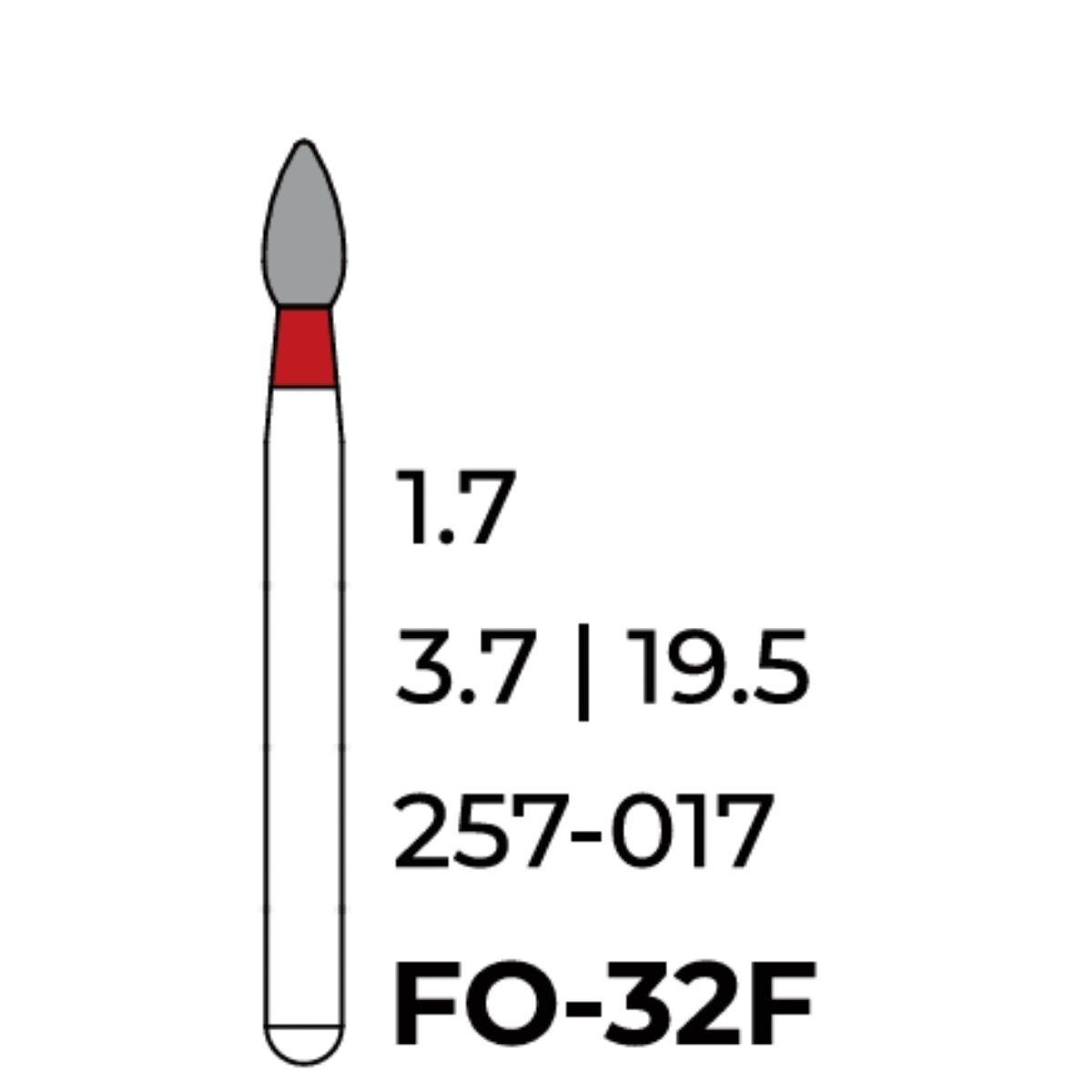 Бор алмазний Unico, полум'я червоне, FO-32F, d=1.7 мм, 1 шт, турб. н.
