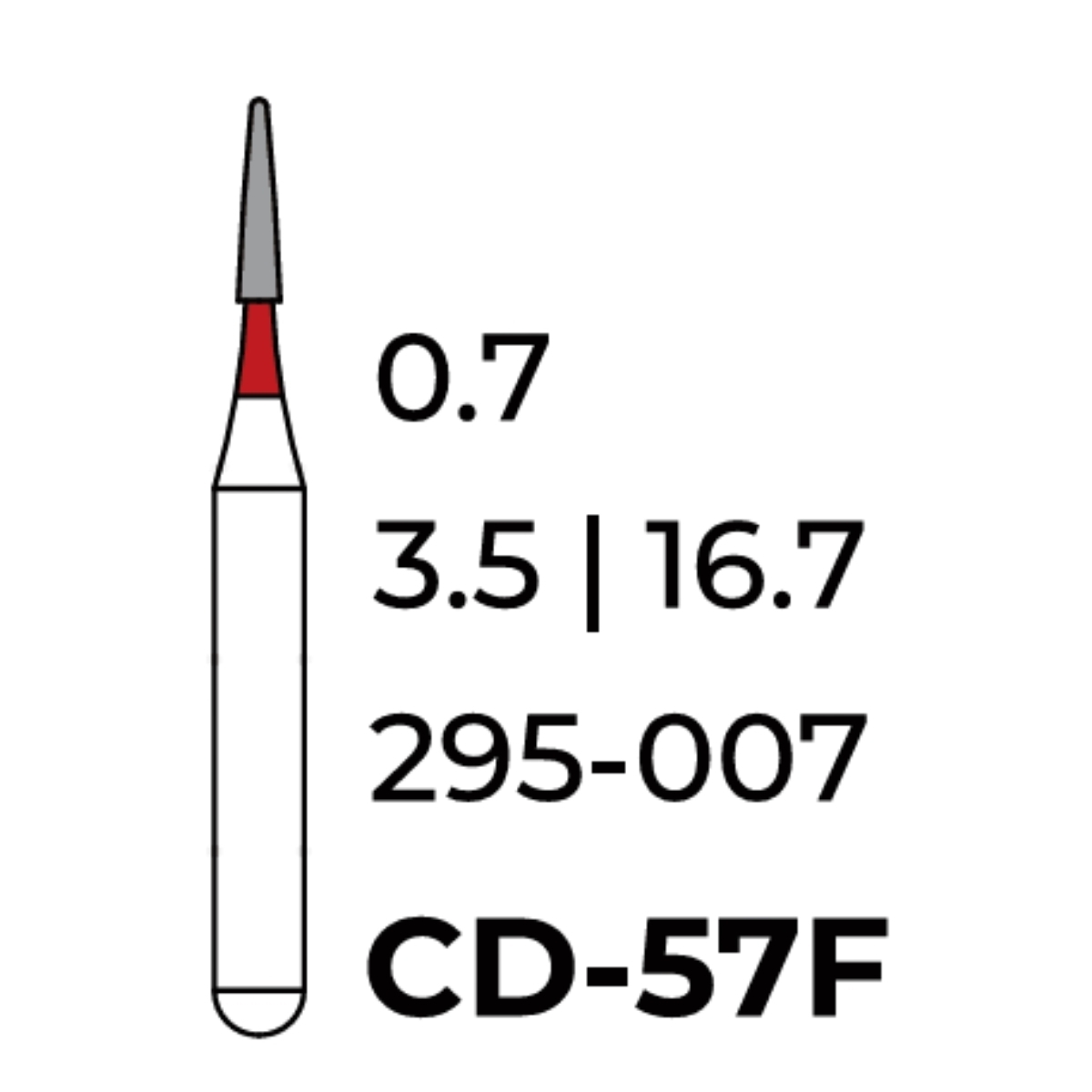 Бор алмазний Unico, дитячий, конус червоний (прямий кінець) CD-57F, d=0.7 мм, 1 шт, турб. н.