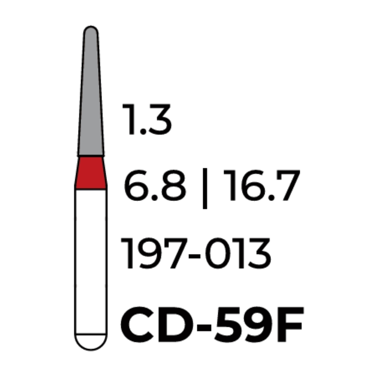Бор алмазний Unico, дитячий, конус червоний (круглий кінець) CD-59F, d=1.3 мм, 1 шт, турб. н.