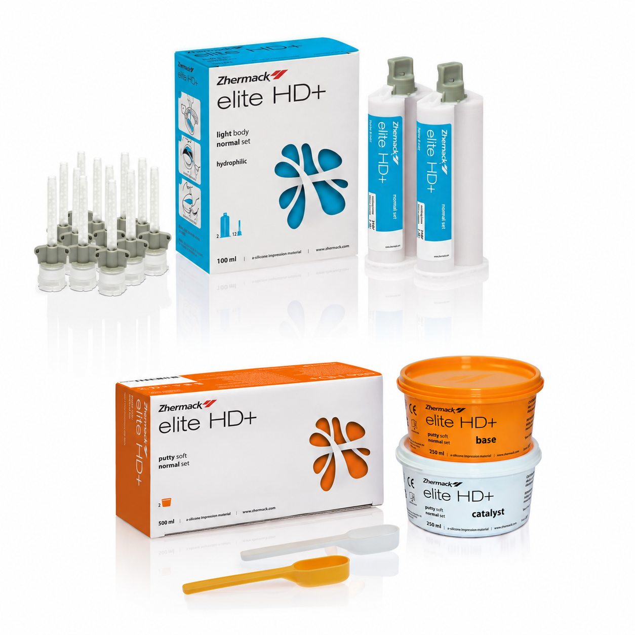 А-силікон Elite HD+ комплект: База PUTTY normal 2×250 мл + Корегуюча LIGHT normal 2×50 мл, Zhermack А-силікон Elite HD+ комплект: База PUTTY normal 2×250 мл + Корегуюча LIGHT normal 2×50 мл, Zhermack