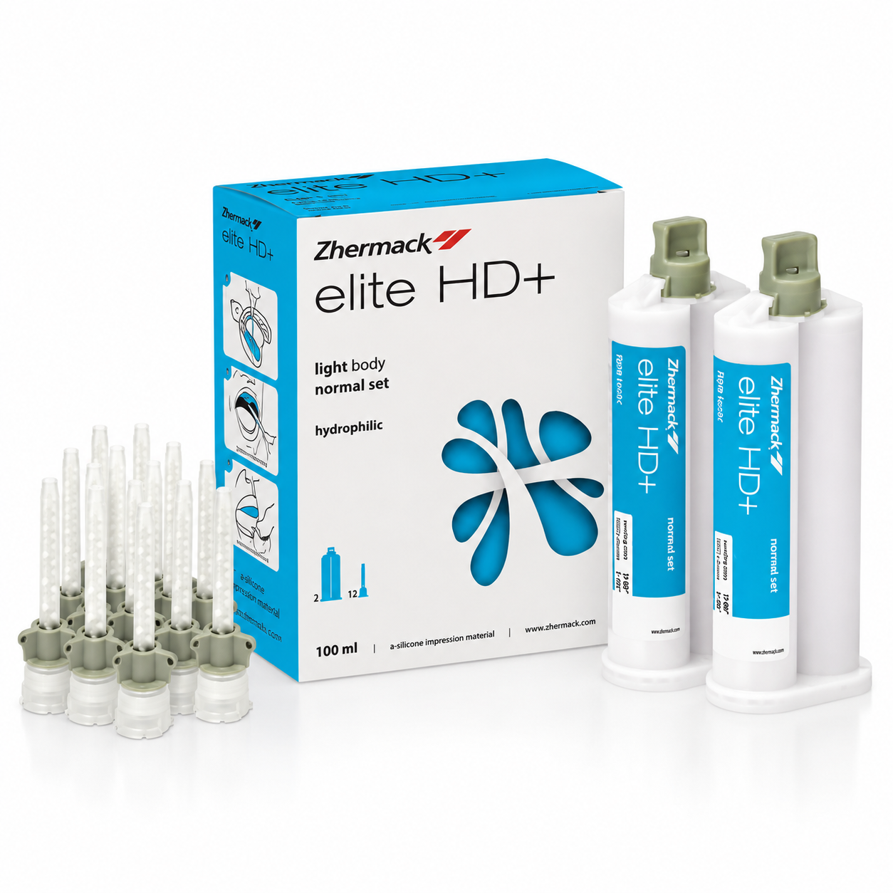 А-силікон Elite HD+ комплект: База PUTTY normal 2×250 мл + Корегуюча LIGHT normal 2×50 мл, Zhermack - Фото 3